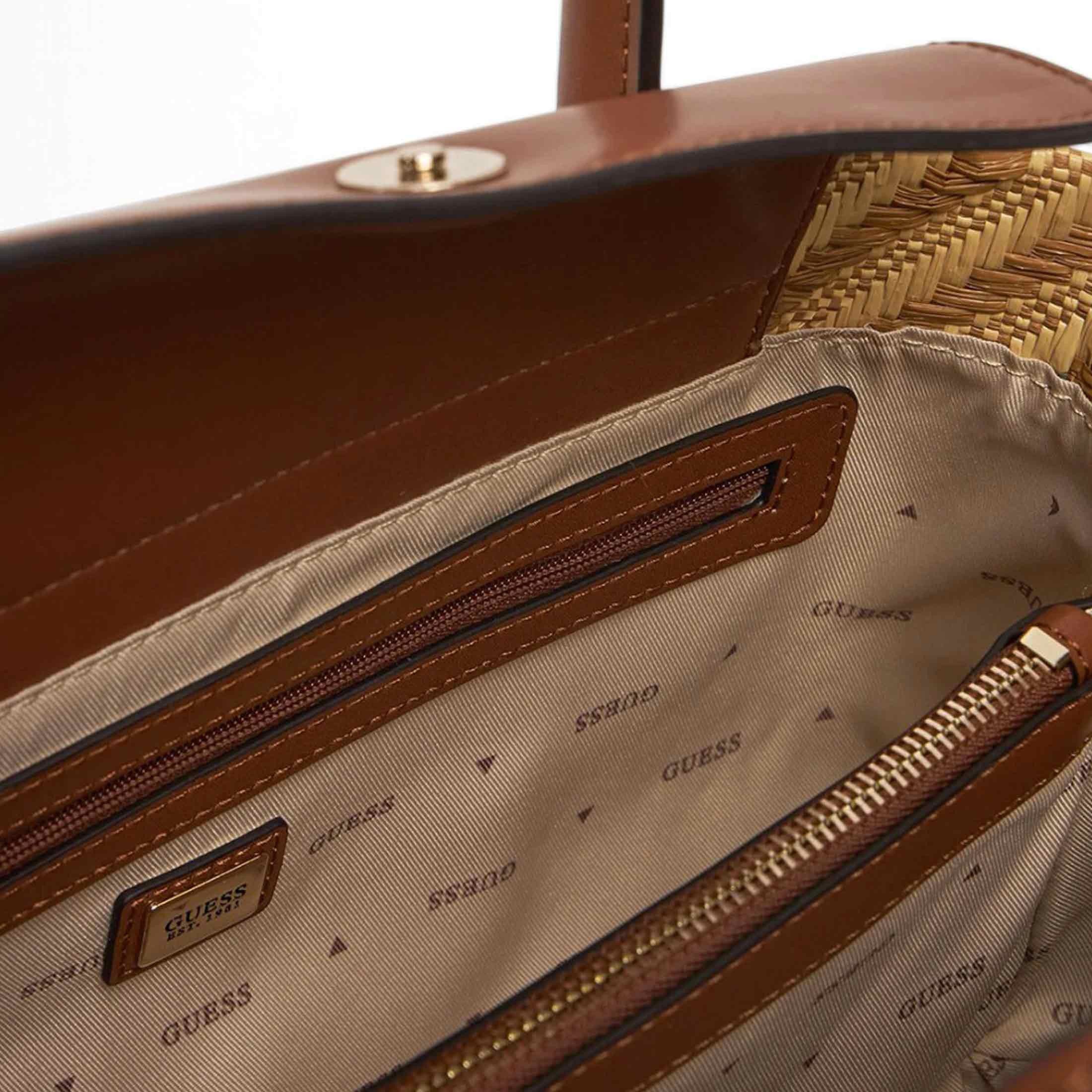 Guess borsa simona small satchel in rafia e similpelle da donna