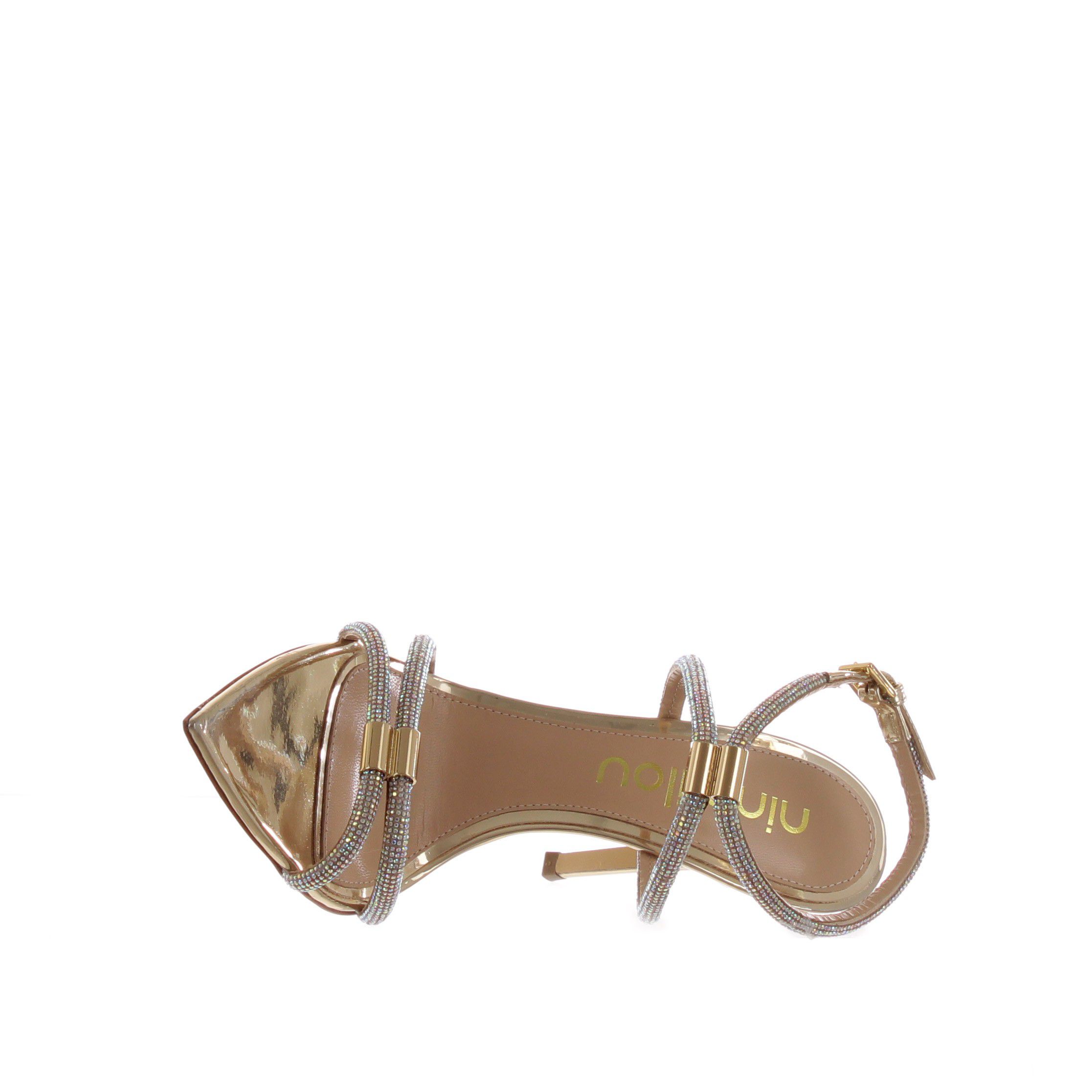 Ninalilou sandalo peak in pelle metallizzata con strass da donna