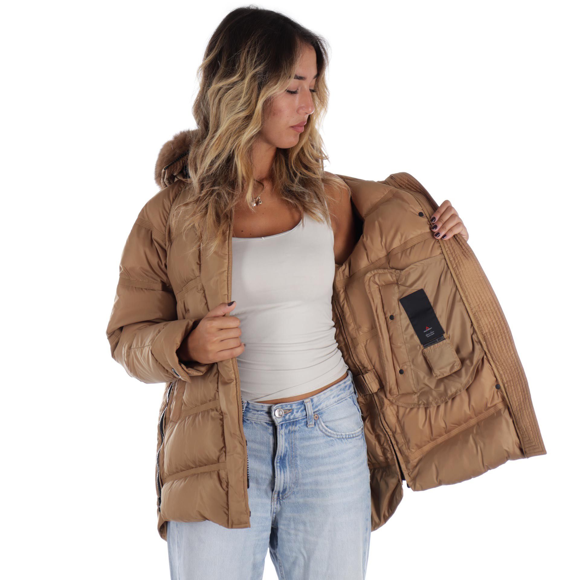 Peuterey puffer jacket tackat con bordo in pelliccia da donna