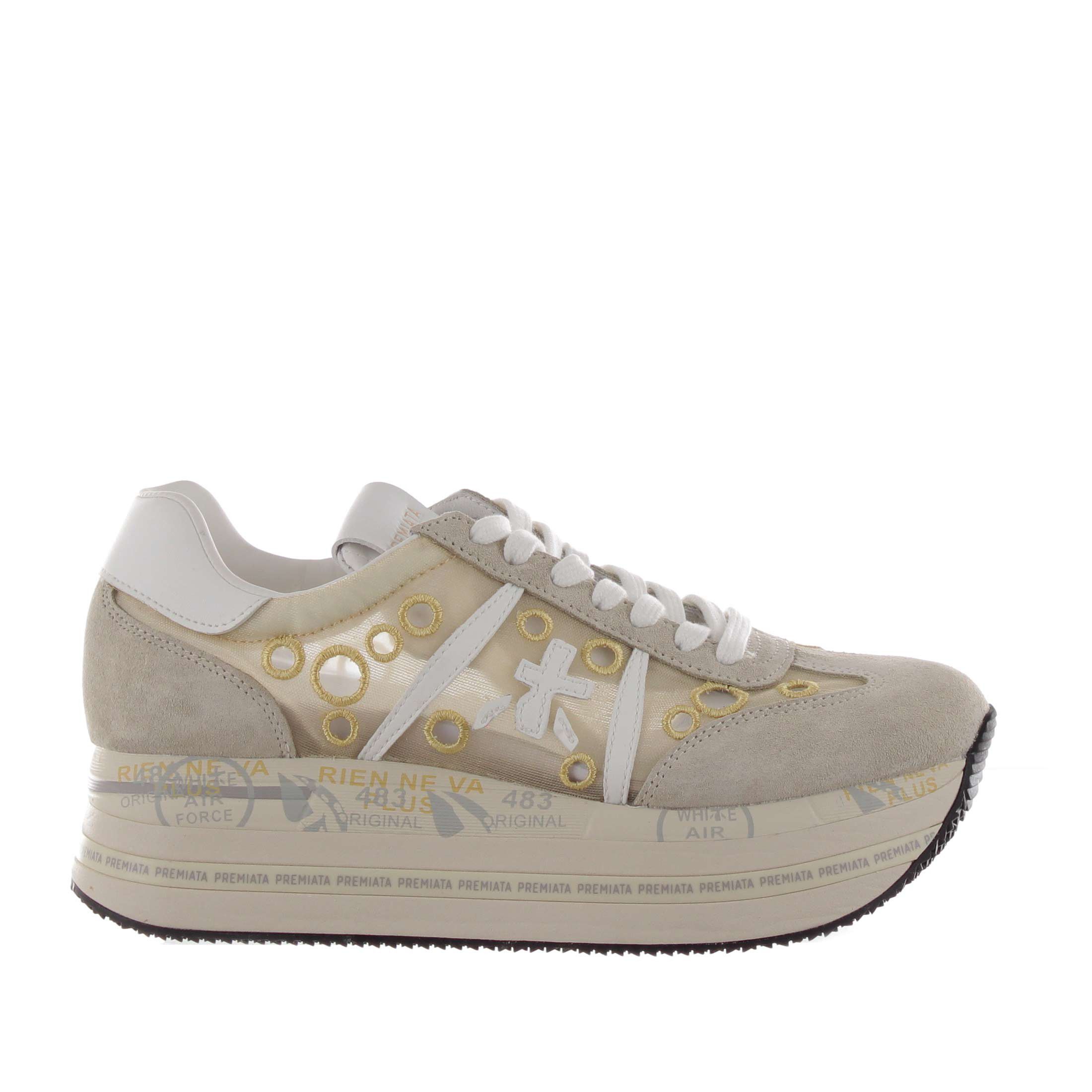 Premiata sneaker in camoscio e nylon con motivi circolari da donna
