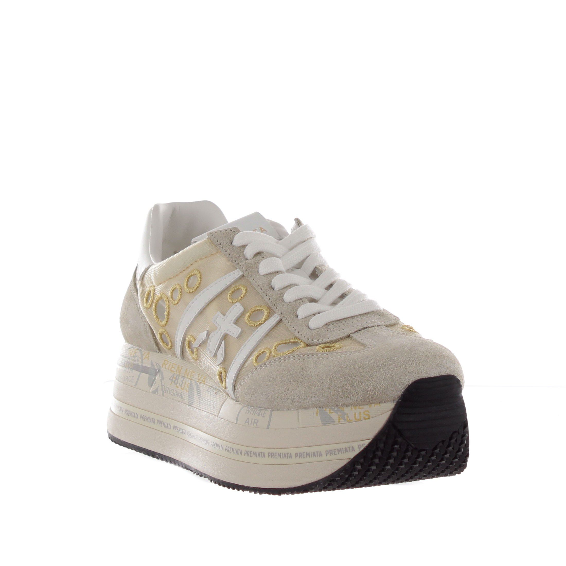 Premiata sneaker in camoscio e nylon con motivi circolari da donna