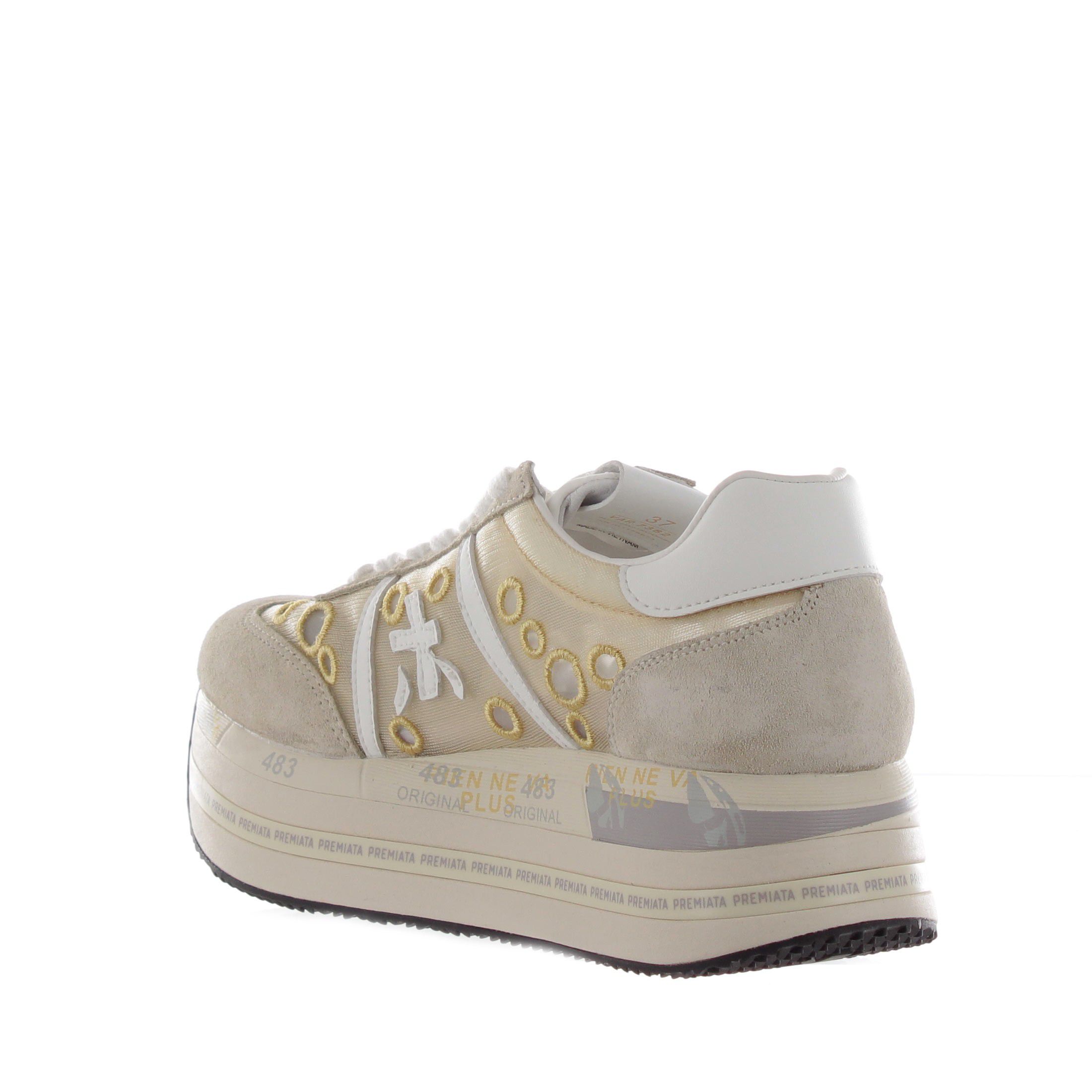 Premiata sneaker in camoscio e nylon con motivi circolari da donna