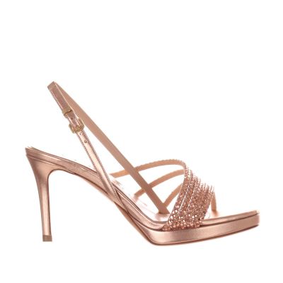 Sandalo in pelle metallizzata con strass