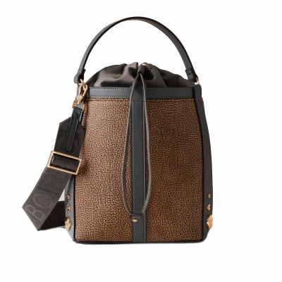 Borsa secchiello small in tela rivestita e pelle