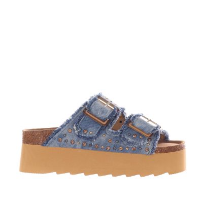 Sandalo platform in denim con strass
