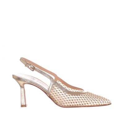 Décolleté slingback in tessuto a rete con strass