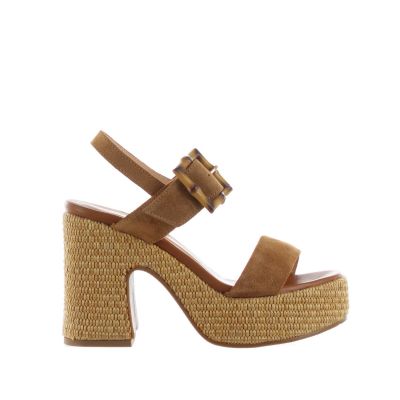 Sandalo in crosta con fondo platform in raffia