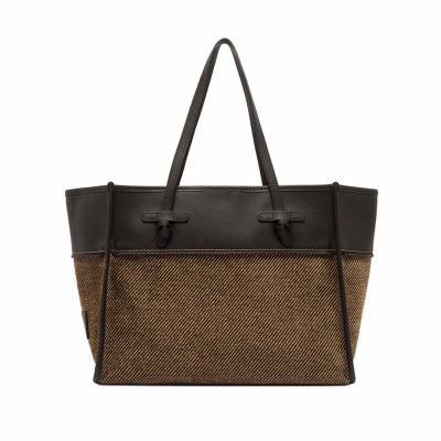 Borsa shopping in pelle e tessuto 