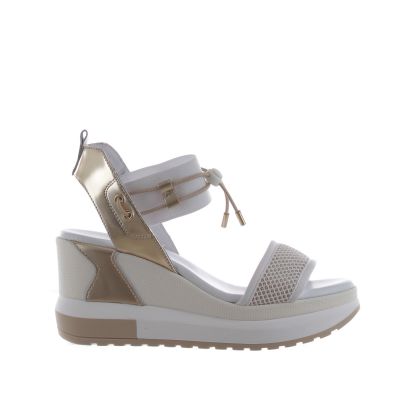 Sandalo con zeppa in mesh e pelle