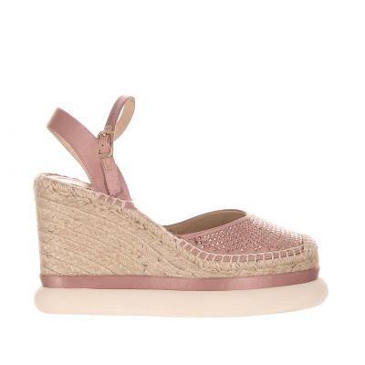 Sandalo in raso con zeppa in juta e strass