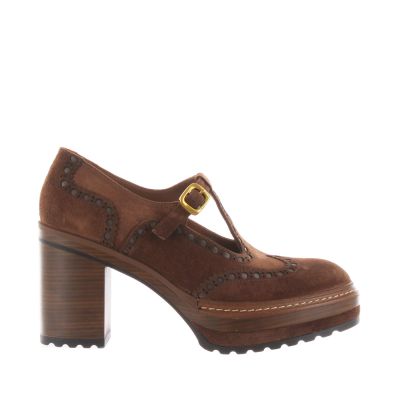Mocassino mary jane in velluto brogue con tacco