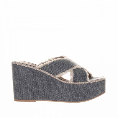 Sabot con zeppa in denim con strass