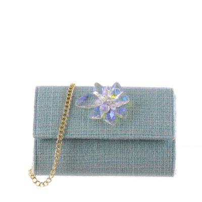 Pochette in tessuto bouclé con fiore iridescente
