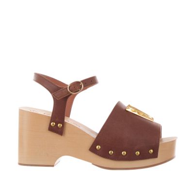 Sandalo in pelle con zeppa in legno