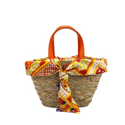 Shopping medium in raffia e tessuto a fantasia